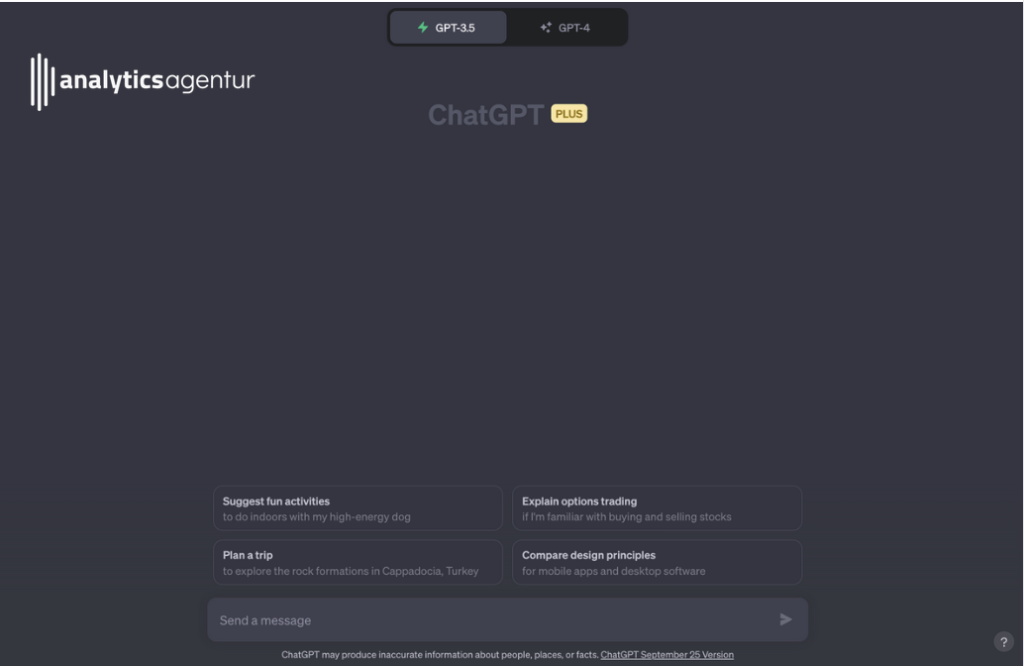 Benutzeroberfläche von ChatGPT Plus mit verschiedenen Funktionen und Optionen auf einem dunklen Hintergrund.