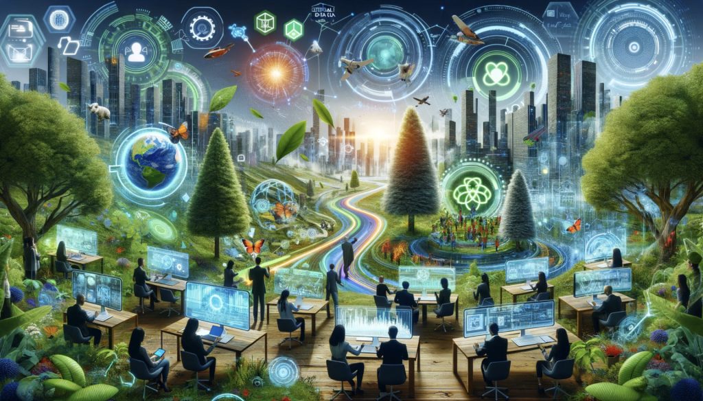 Illustration einer futuristischen Landschaft mit Menschen, die an Computern arbeiten, umgeben von Natur und technologischen Elementen.