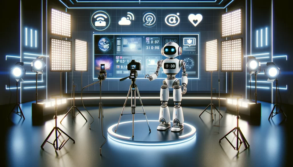 Ein Roboter steht in einem Studio mit Kameras und digitalen Bildschirmen im Hintergrund.