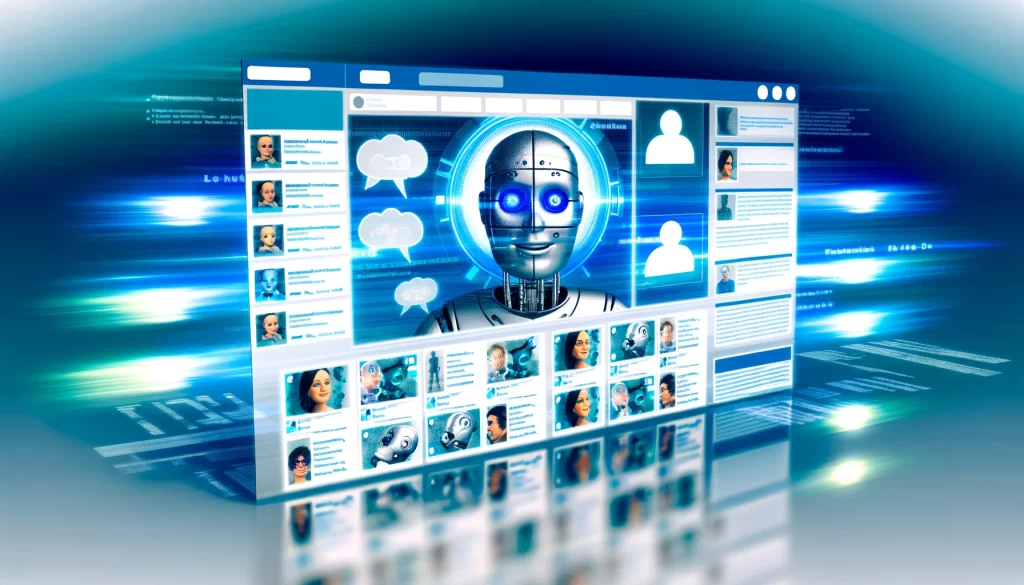 Grafik einer virtuellen Benutzeroberfläche mit einem Roboter-Avatar und Benutzerprofilen.