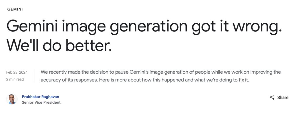 Ankündigung zur Bildgenerierung von Gemini mit dem Text über Verbesserungen und Genauigkeit.