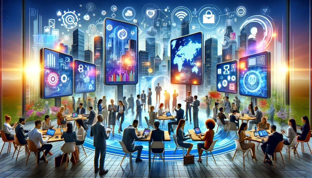 Menschen in einer digitalen Konferenz mit Bildschirmen und Grafiken im Hintergrund.