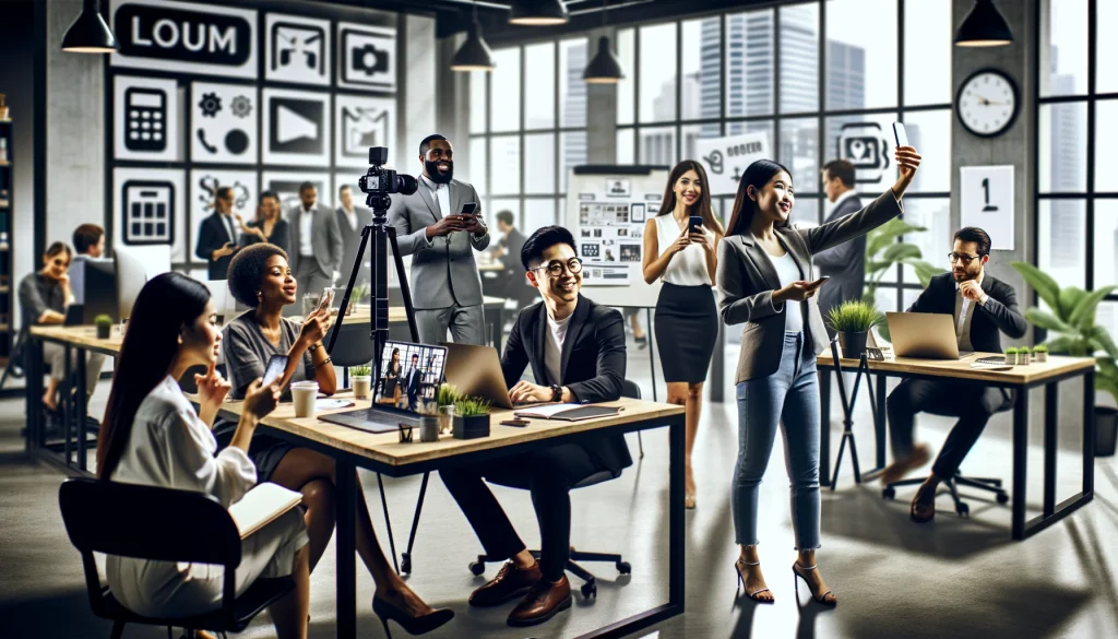 Mitarbeiter in einem modernen Büro, einige arbeiten an Laptops, andere interagieren und posieren für Fotos.