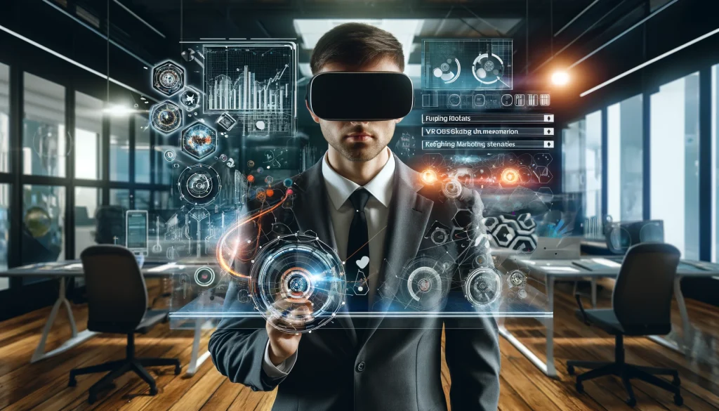 Mann in Anzug trägt eine Virtual-Reality-Brille und interagiert mit digitalen Grafiken in einem modernen Büro.