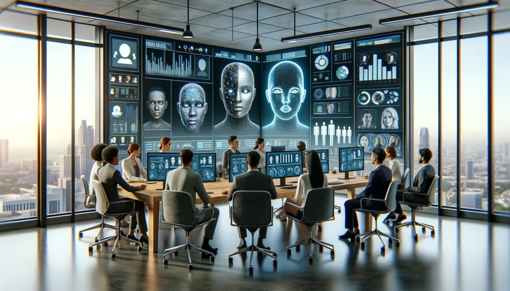 Konferenzraum mit mehreren Personen und großen digitalen Bildschirmen, die Daten und Gesichter anzeigen.