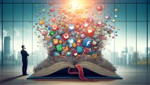 Ein offenes Buch, aus dem zahlreiche Social Media Symbole und Icons herausströmen.