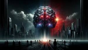 Künstlerische Illustration eines menschlichen Gehirns über einer futuristischen Stadtlandschaft mit Silhouetten von Menschen.