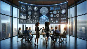 Ein Konferenzraum mit einer großen digitalen Präsentation und mehreren Personen, die an einem Tisch sitzen.