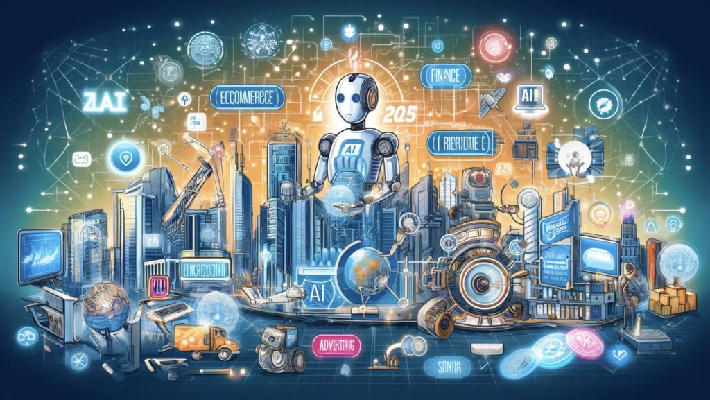 Grafische Darstellung eines Roboters, der KI-Technologien in einer futuristischen Stadt präsentiert.