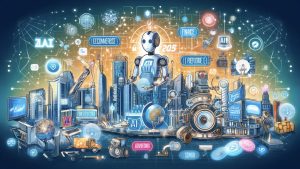 Grafische Darstellung eines Roboters, der KI-Technologien in einer futuristischen Stadt präsentiert.