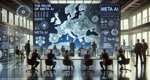 Konferenzraum mit mehreren Personen, die eine Präsentation über Meta AI und Europa verfolgen.