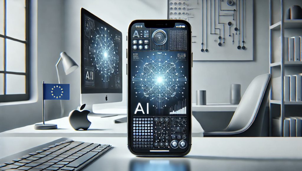 Schwarzes Smartphone zeigt ein Diagramm mit dem Text 'AI' und verschiedenen grafischen Elementen.