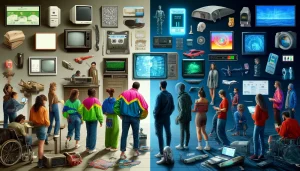 Eine Darstellung der technologischen Entwicklung mit verschiedenen Geräten von der Vergangenheit bis zur Gegenwart.