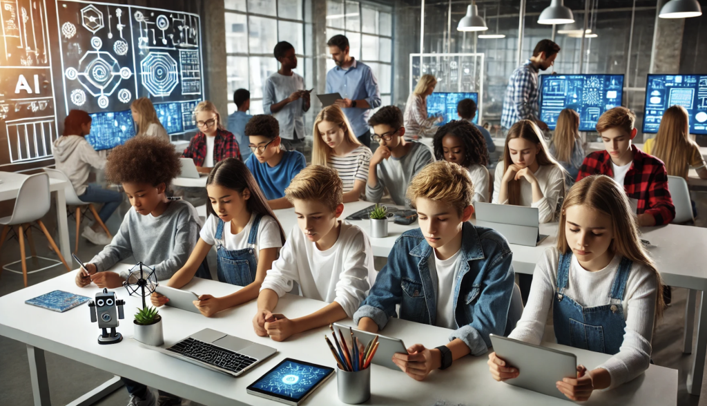 Gruppe von Schülern, die in einem modernen Klassenzimmer mit Tablets und Laptops arbeiten.