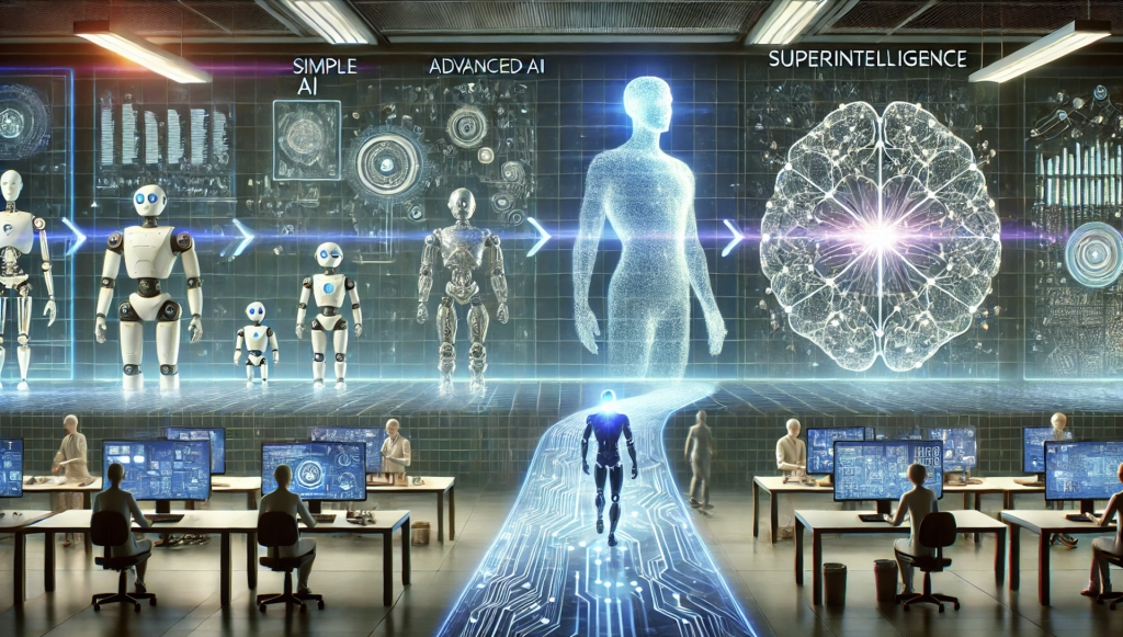 Grafik, die den Fortschritt von einfacher KI zu Superintelligenz mit Robotern und menschlichen Silhouetten zeigt.