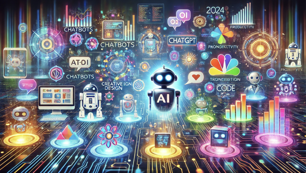 Grafik mit verschiedenen Symbolen und Icons, die KI, Chatbots und Datenvisualisierung darstellen.