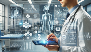 Ein Arzt in einem weißen Kittel, der ein Tablet mit digitalen Gesundheitsdaten in einer modernen medizinischen Umgebung verwendet.