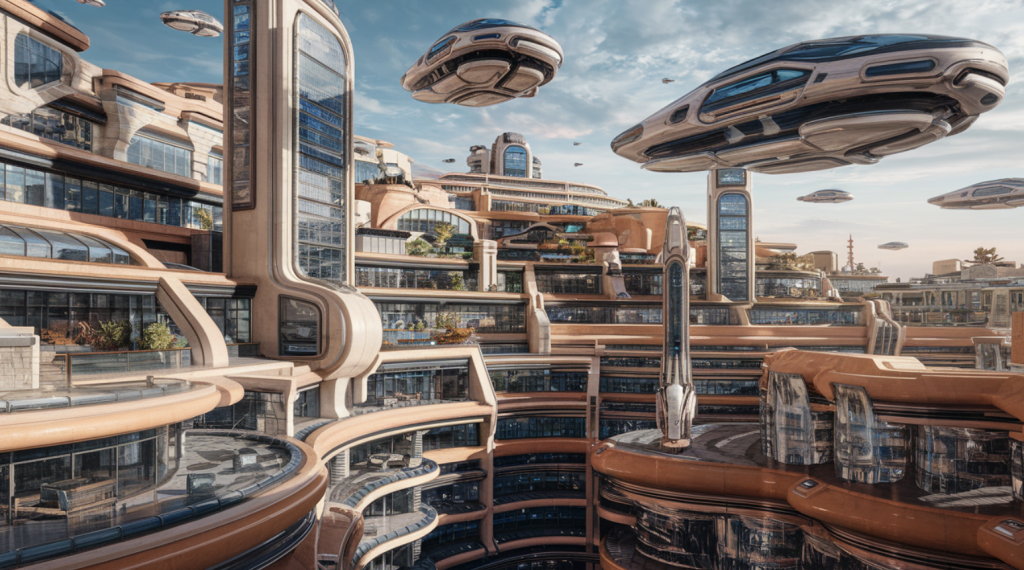 Futuristische Stadt mit mehreren Ebenen und schwebenden Fahrzeugen über modernen Gebäuden.