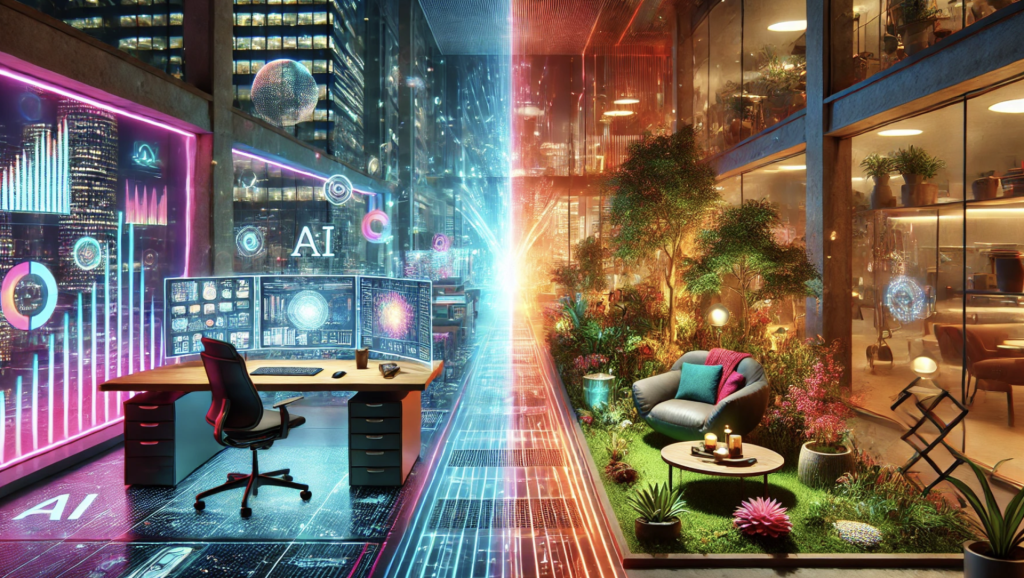 Ein Büro mit digitalen Elementen auf der linken Seite und einer natürlichen Gartenlandschaft auf der rechten Seite.