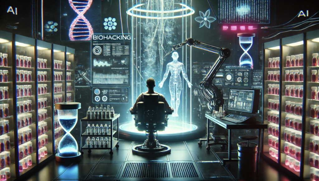Futuristische Laborumgebung mit einem Menschen, der vor einer holografischen humanoiden Figur sitzt.