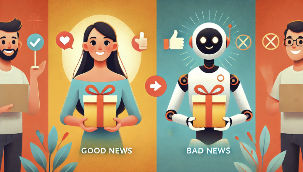 Illustration eines Menschen und eines Roboters, die jeweils ein Geschenk halten, mit den Worten 'Gute Nachrichten' und 'Schlechte Nachrichten'.