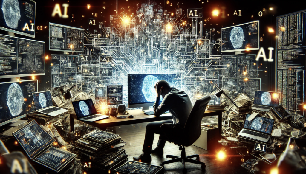 Eine Person sitzt an einem Schreibtisch vor einem Computer mit KI-Datenvisualisierung und mehreren Bildschirmen.