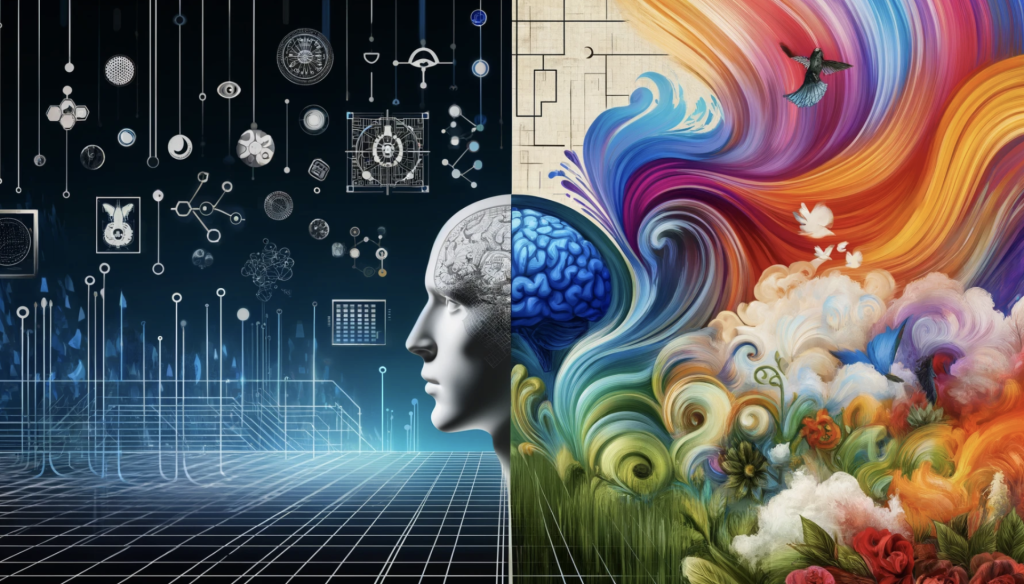 Ein Kunstwerk, das den Kontrast zwischen Technologie und Kreativität darstellt, mit einem menschlichen Kopf und bunten Mustern.