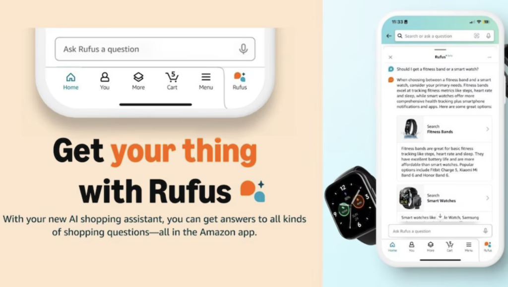 Screenshot der Amazon-App mit dem Rufus Einkaufsassistenten auf einem Smartphone und einer Smartwatch.
