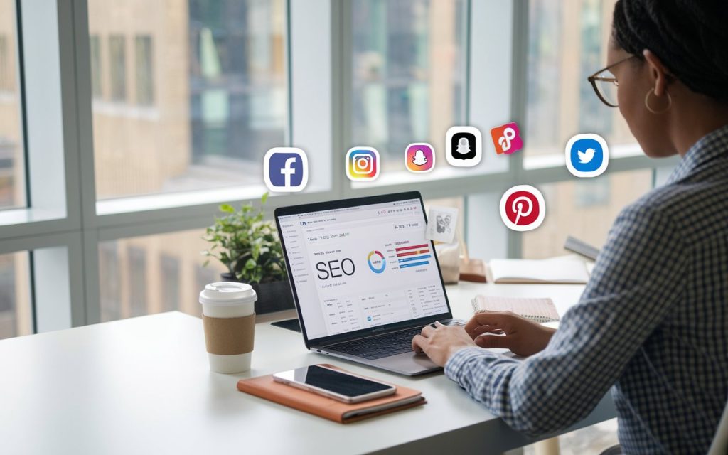 Frau sitzt am Tisch und arbeitet an einem Laptop mit SEO-Daten und Social-Media-Symbolen.