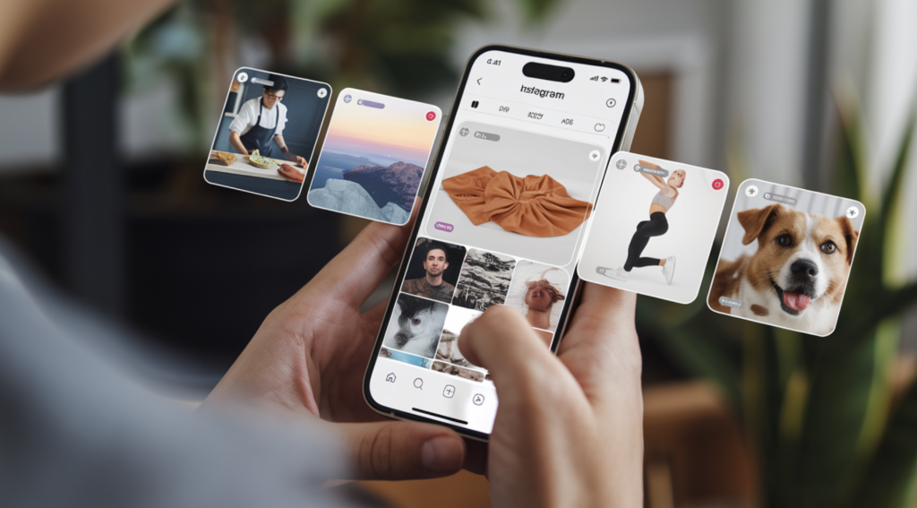 Ein Benutzer hält ein Smartphone mit der Instagram-App, die verschiedene Bilder anzeigt.