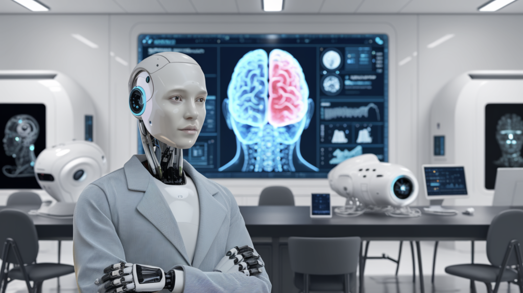 Ein humanoider Roboter steht in einem modernen Labor mit digitalen Gehirnvisualisierungen im Hintergrund.