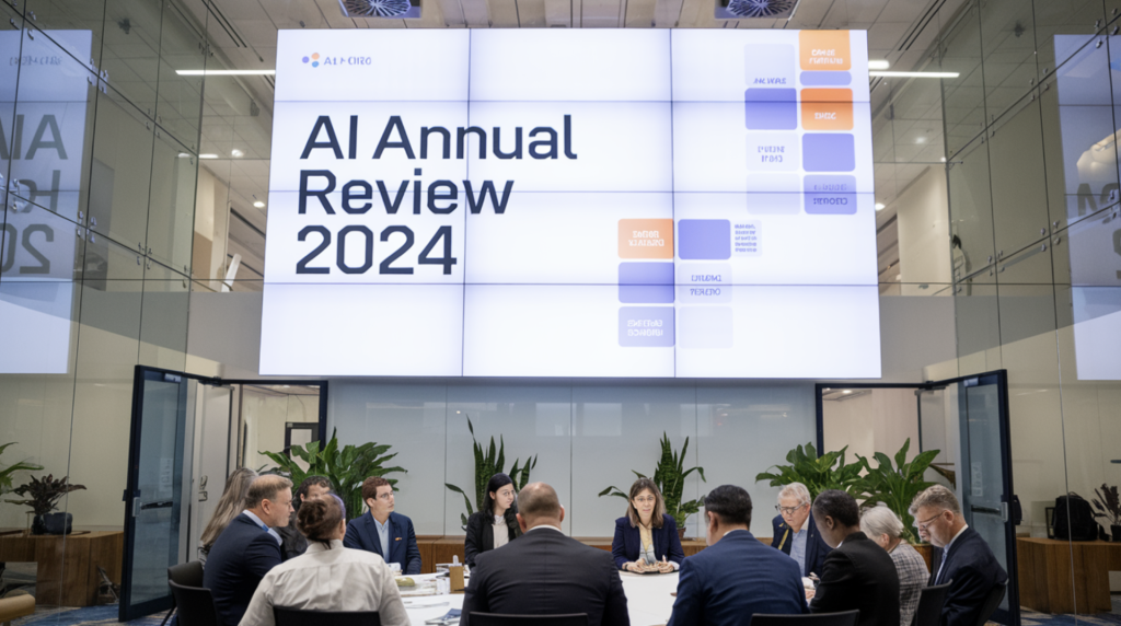 Präsentation mit dem Titel 'AI Annual Review 2024' auf einem großen Bildschirm in einem Besprechungsraum.