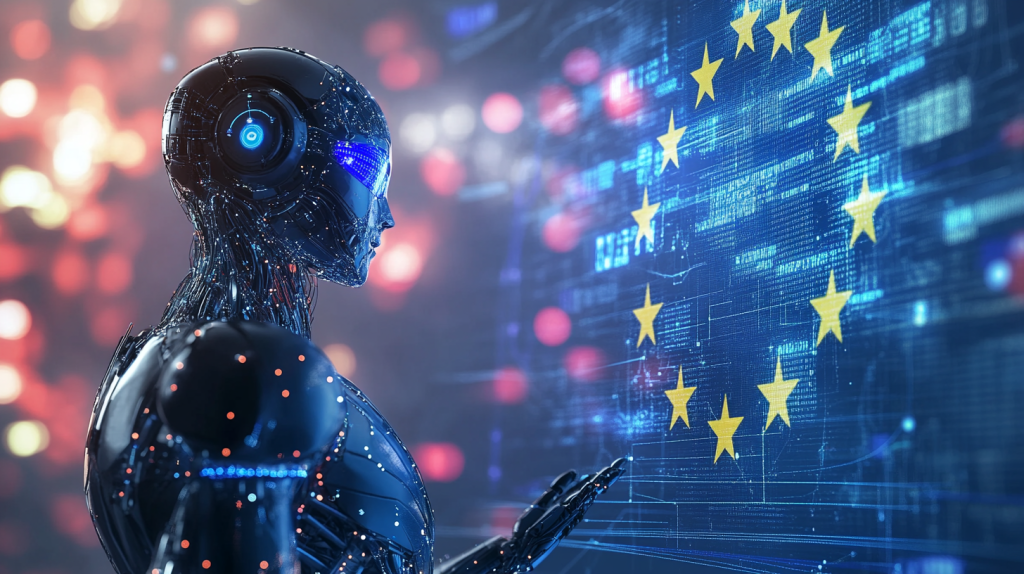 Ein humanoider Roboter betrachtet die EU-Flagge vor einem digitalen Hintergrund.