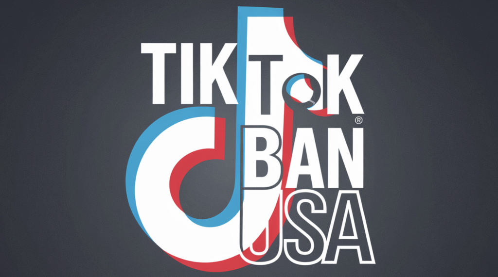 Logo mit dem Text 'TikTok Ban USA' und dem TikTok-Symbol in rot, blau und weiß.