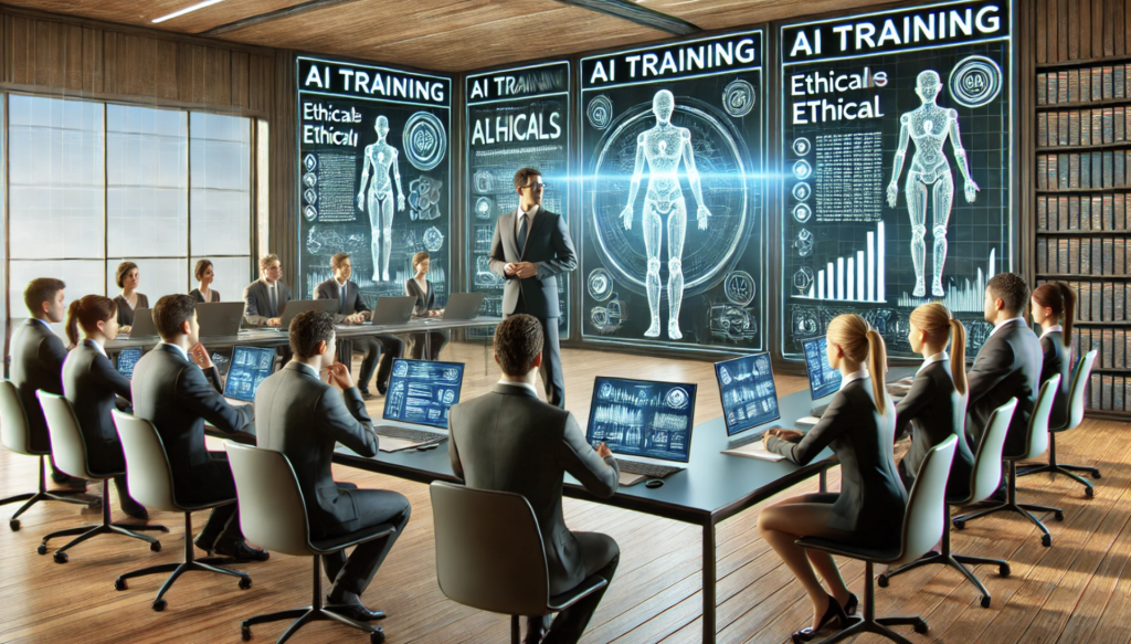 Konferenzraum mit einer Präsentation über KI-Training und ethische Aspekte, Teilnehmer mit Laptops.