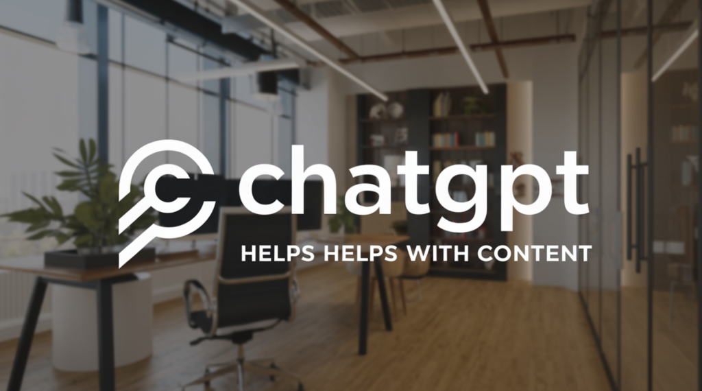 Logo von ChatGPT mit dem Slogan 'Helfen hilft mit Inhalten' in einem modernen Büro.