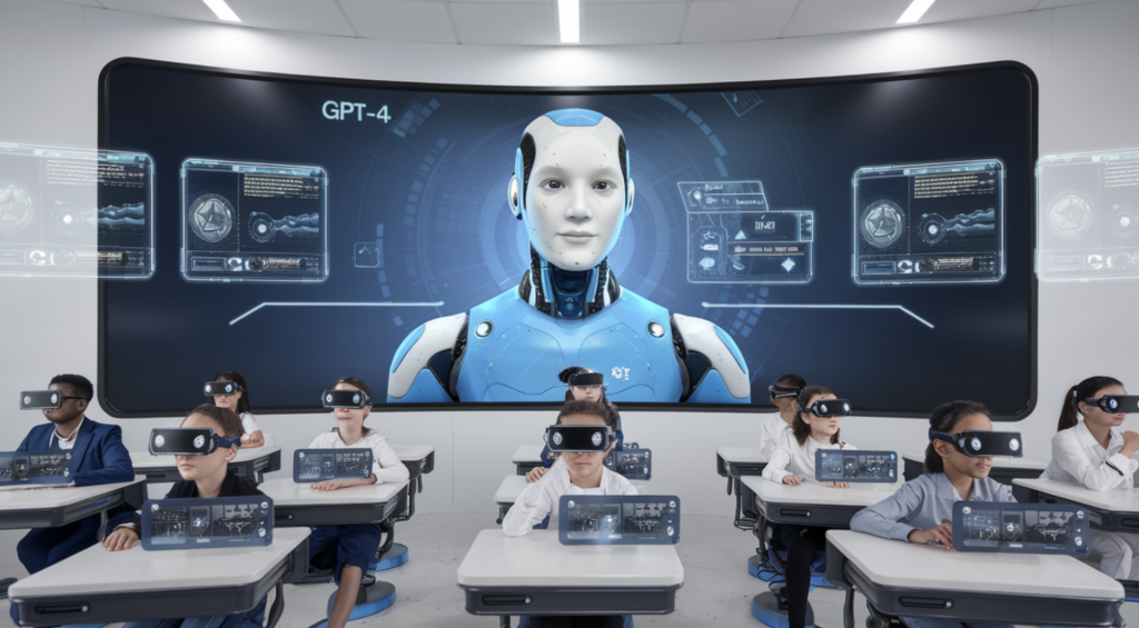 Ein humanoider Roboter steht vor einer Gruppe von Schülern, die VR-Brillen tragen, in einem modernen Klassenzimmer.