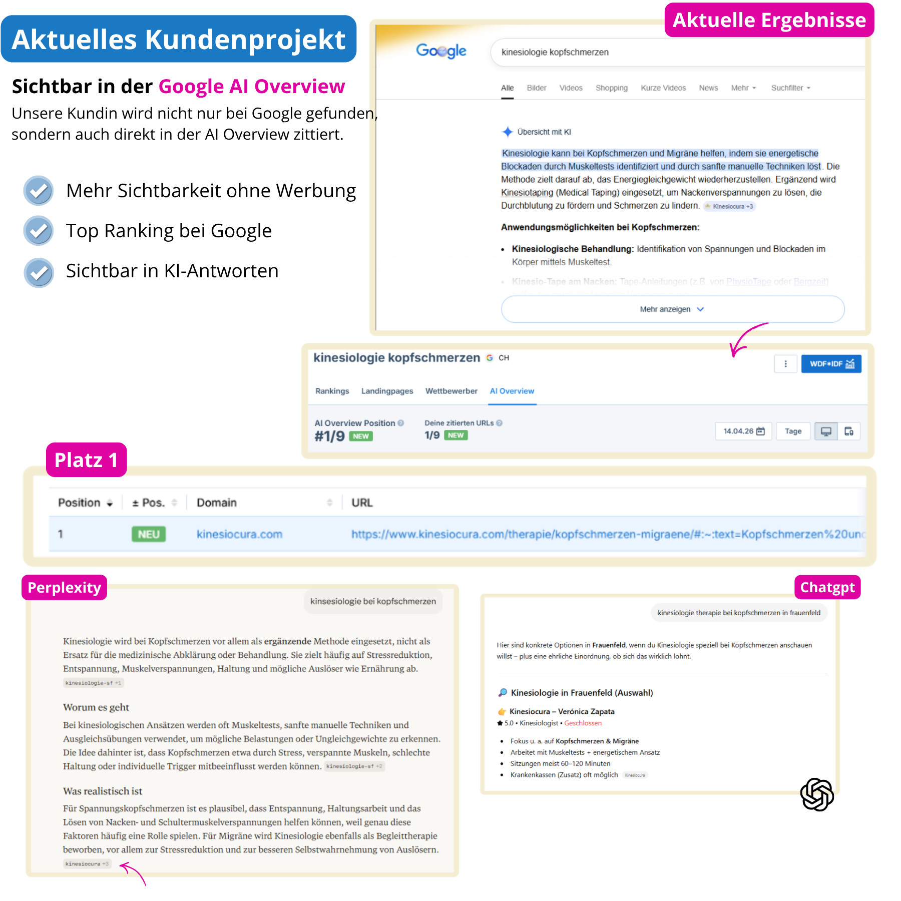 Sichtbarkeit in Google AI Overview sowie Top-Rankings und Erwähnungen in ChatGPT und Perplexity