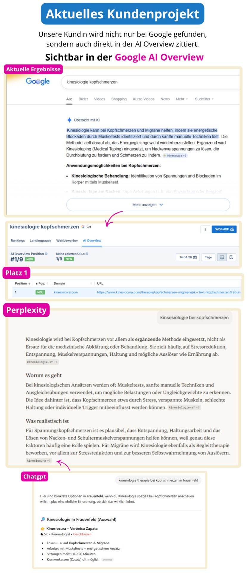 Sichtbarkeit in Google AI Overview sowie Top-Rankings und Erwähnungen in ChatGPT und Perplexity